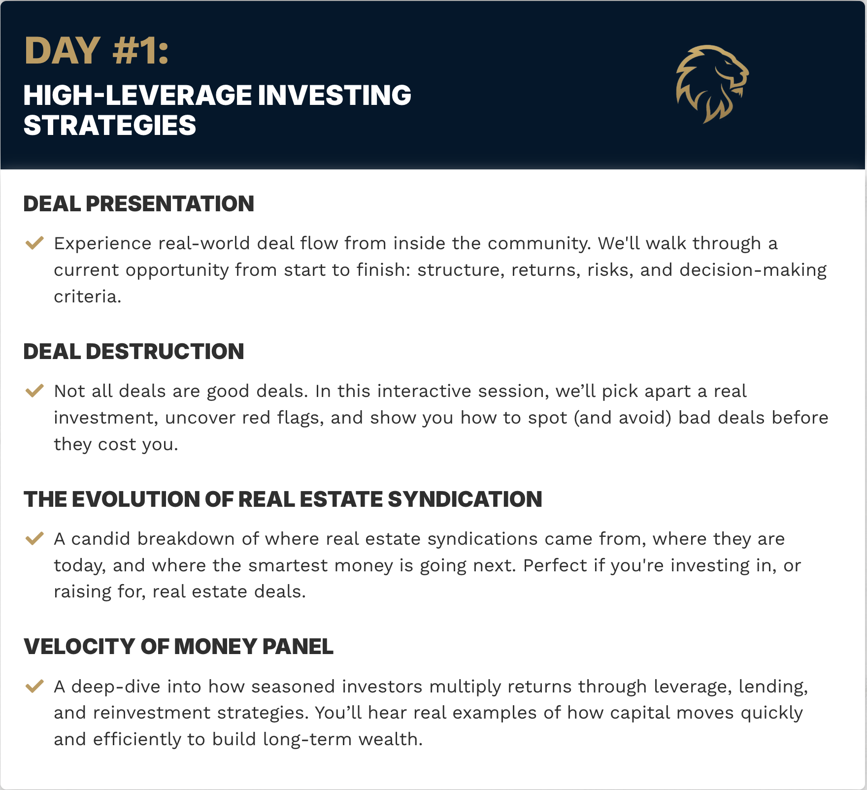 Day 1 Lifestyle Investor Live Topics