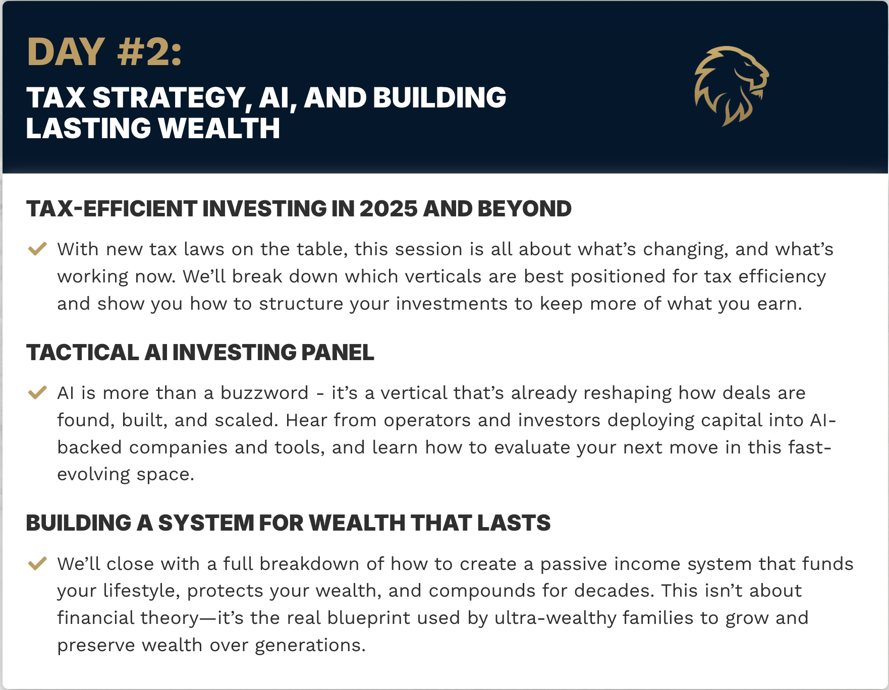 Day 2 Lifestyle Investor Live Topics